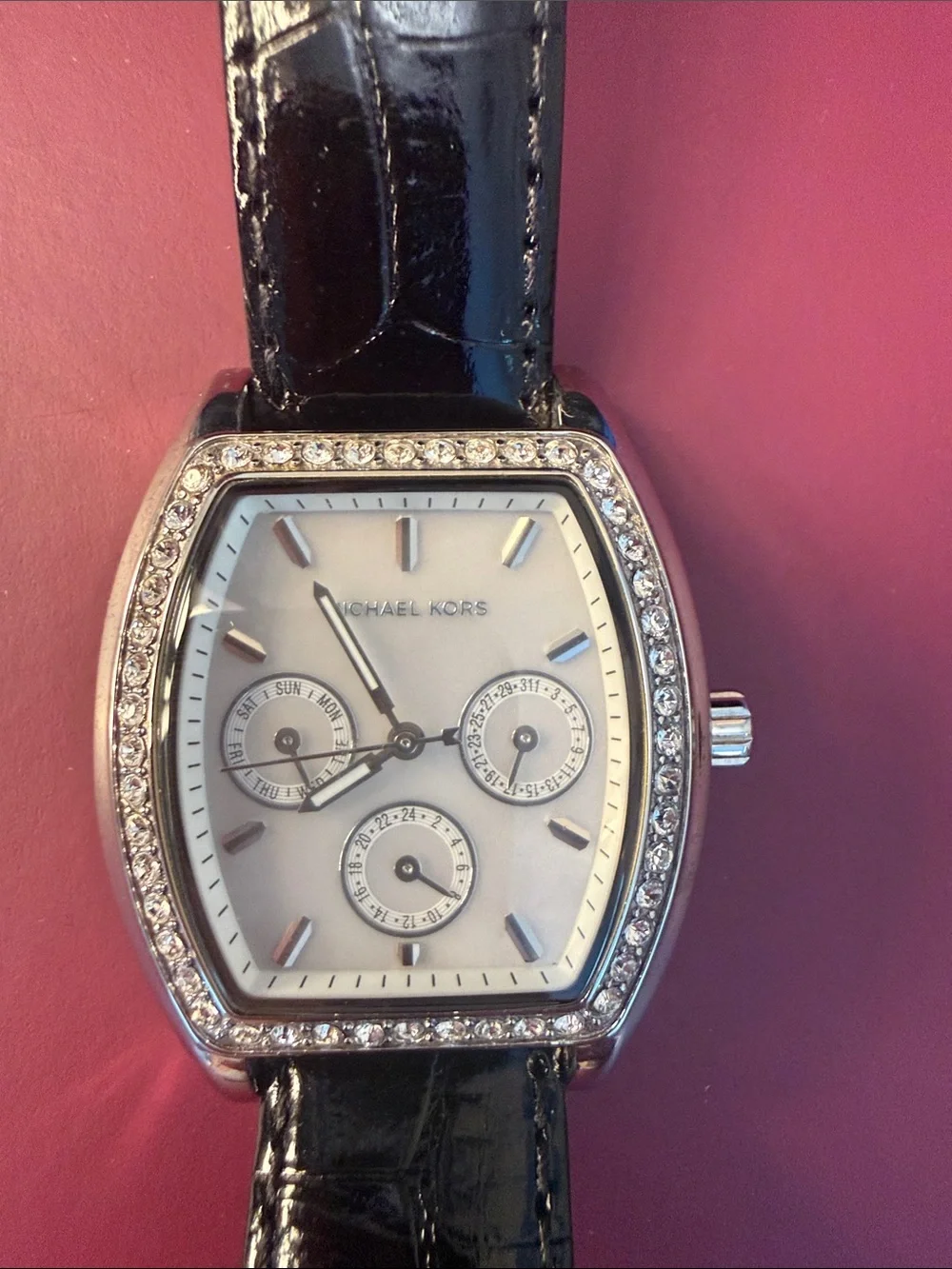 Michael Kors Silver-Tone Crystal Bezel Watch with Black Strap